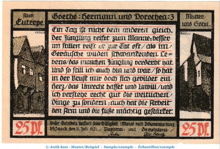 Notgeld Stadt Pößneck 1066.4.a , 25 Pfennig Nr.3 dunkelblau in kfr. von 1921 , Thüringen Seriennotgeld