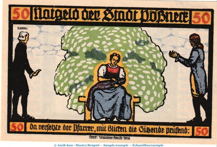 Notgeld Stadt Pößneck 1066.4.a , 50 Pfennig Nr.5 dunkelblau in kfr. von 1921 , Thüringen Seriennotgeld