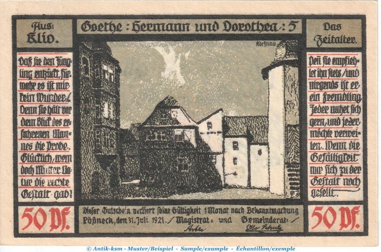 Notgeld Stadt Pößneck 1066.4.a , 50 Pfennig Nr.5 dunkelblau in kfr. von 1921 , Thüringen Seriennotgeld