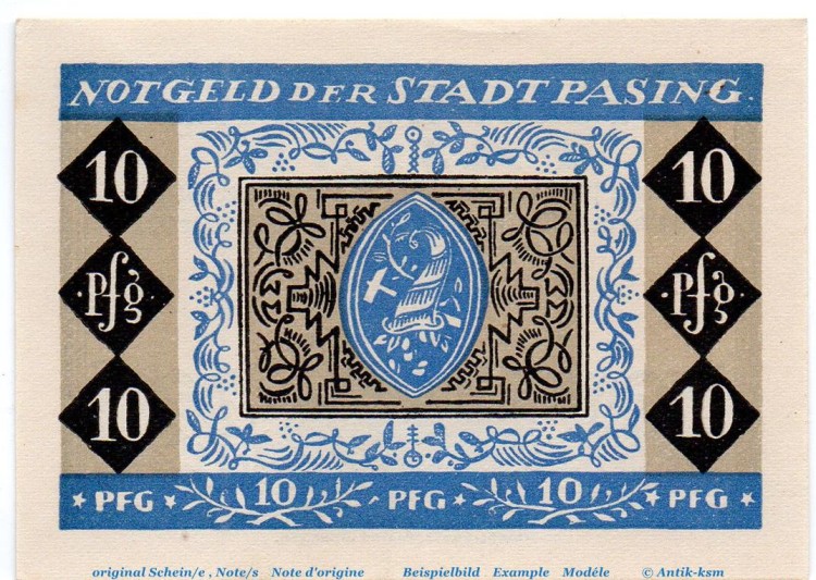 Notgeld Stadt Pasing 1050.3.a , 10 Pfennig Schein in kfr. weiß und rauh , o.D. Bayern Seriennotgeld