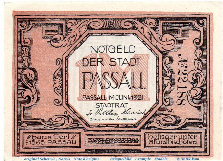 Notgeld Stadt Passau 1051.1 , 1 Mark Schein mit Kn. in kfr. von 1921 , Bayern Seriennotgeld