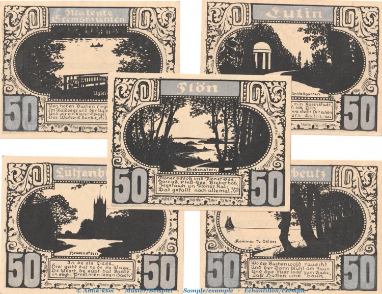Notgeld Stadt Plön 1063.8 , Set -Silber- mit 5 Scheinen in kfr. o.D. Schleswig Holstein Seriennotgeld