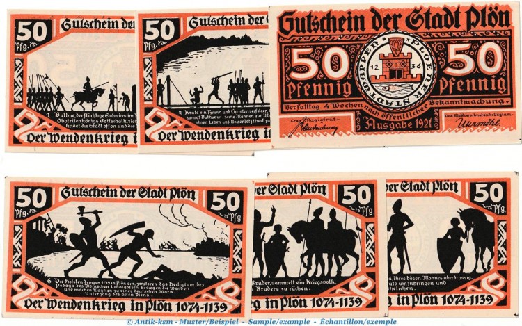 Notgeld Stadt Plön , Set mit 6 Scheinen in kfr. von 1921 , Schleswig Holstein Seriennotgeld
