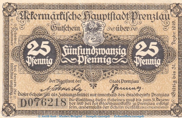 Notgeld Stadt Prenzlau , 25 Pfennig Schein -D- in gbr. Tieste 5755.10.20 o.D. Brandenburg Verkehrsausgabe