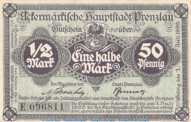 Notgeld Stadt Prenzlau , 50 Pfennig Schein -E- in f-kfr. Tieste 5755.10.26 o.D. Brandenburg Verkehrsausgabe