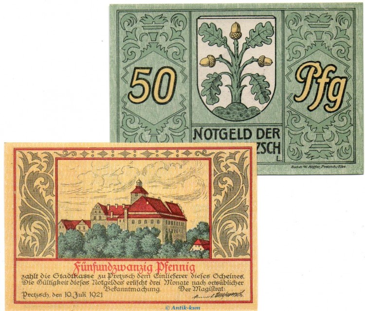 Notgeld Stadt Pretzsch 1072.1 , Set mit 2 Scheinen in kfr. von 1921 , Sachsen Anhalt Seriennotgeld