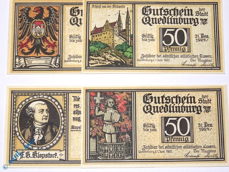 Notgeld Stadt Quedlinburg , Sachsen Anhalt , vollständiger Satz mit 4 Scheinen in kassenfrischer Erhaltung , Seriennotgeld , 1087.1 , von 1921