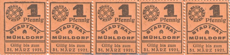 Notgeld Stadtrat Mühldorf , 5-er Streifen 1 Pfennig in kfr. Tieste 4650.05.01 von 1920 , Bayern Verkehrsausgabe