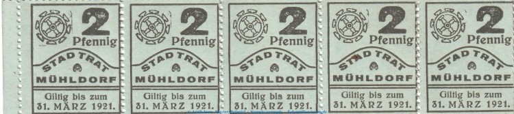 Notgeld Stadtrat Mühldorf , 5-er Streifen 2 Pfennig in kfr. Tieste 4650.05.01 o.D. Bayern Verkehrsausgabe