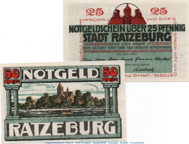 Notgeld Stadt Ratzeburg 1101.1 , Set mit 2 Scheinen in kfr. von 1921 , Schleswig Holstein Seriennotgeld