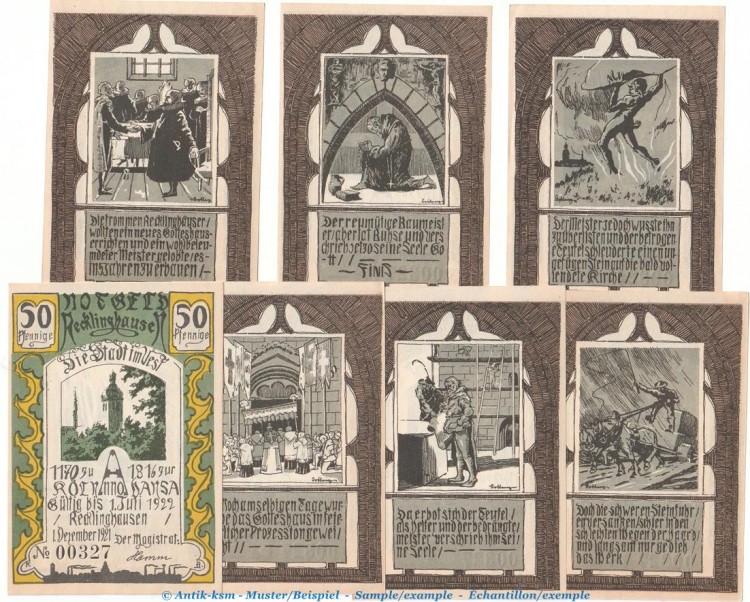 Notgeld Stadt Recklinghausen 1103.1 , Set mit 7 Scheinen in kfr. von 1921 , Westfalen Seriennotgeld