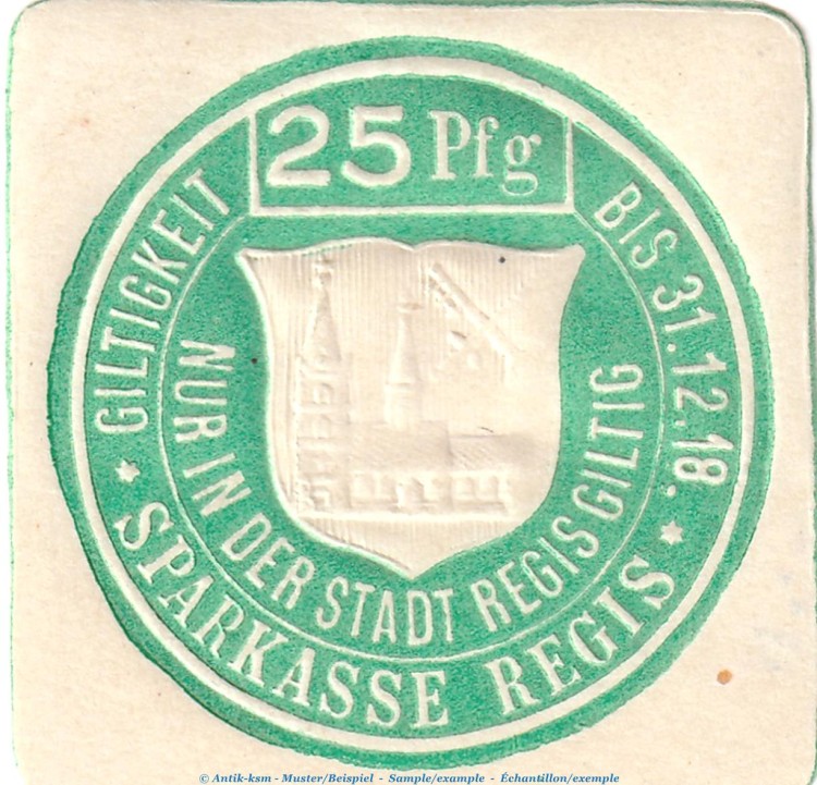 Notgeld Stadt Regis , 25 Pfennig Schein in kfr. Tieste 5965.05.16 o.D. Sachsen Verkehrsausgabe