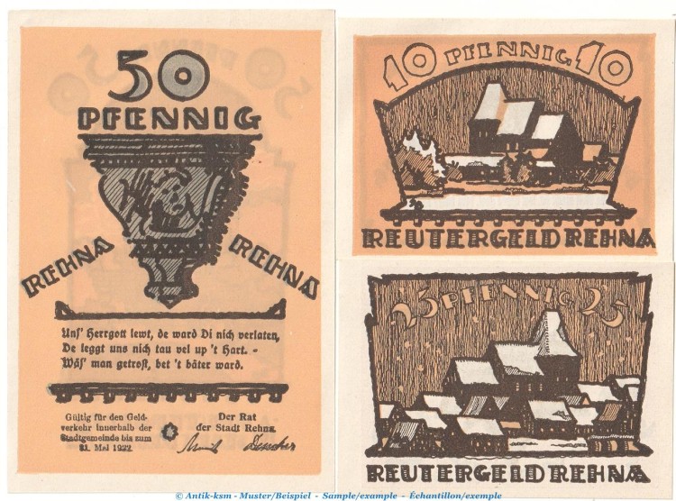 Notgeld Stadt Rehna 1109.2 , Reutergeld Set mit 3 Scheinen in kfr. o.D. Mecklenburg Vorpommern Seriennotgeld