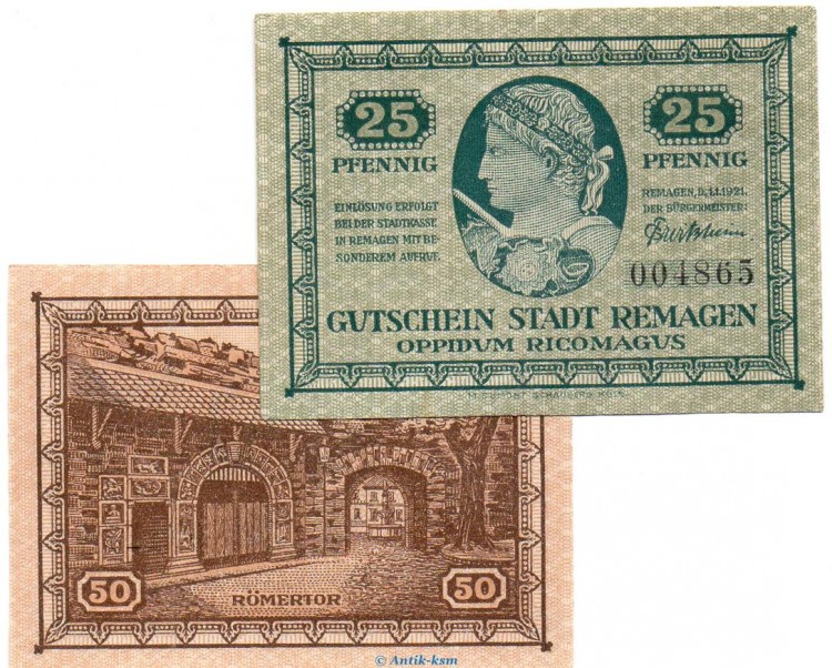 Notgeld Stadt Remagen 6015.10.05.06 , Set mit 2 Scheinen in kfr. von 1921 , Rheinland VerkehrsausgabeNotgeld Stadt Remagen 6015.10.05.06 , Set mit 2 Scheinen in kfr. von 1921 , Rheinland Verkehrsausgabe