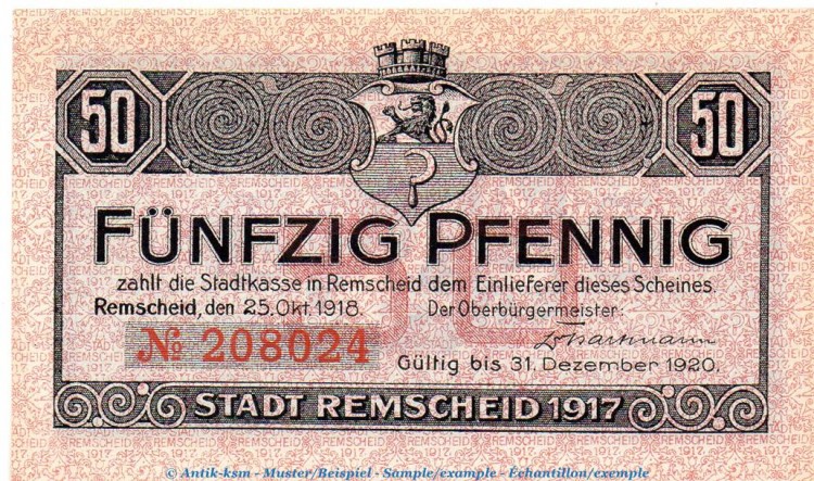 Notgeld Stadt Remscheid 6020.05.11 , 50 Pfennig Schein in kfr. von 1918 , Rheinland Verkehrsausgabe