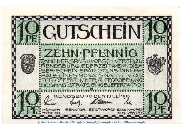 Notgeld Stadt Rendsburg 6025.05.30 , 10 Pfennig -Wz he.Kreuze- in kfr. von 1918 , Schleswig Holstein Verkehrsausgabe