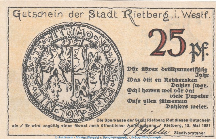 Notgeld Stadt Rietberg 1123.1 , 25 Pfennig Schein in kfr. von 1921 , Westfalen Seriennotgeld