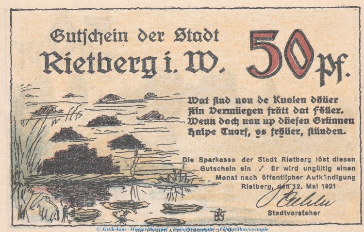Notgeld Stadt Rietberg 1123.1 , 50 Pfennig Schein in kfr. von 1921 , Westfalen Seriennotgeld