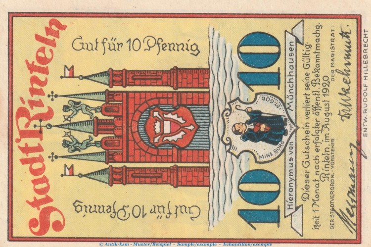 Notgeld Stadt Rinteln 1125.1.c , 10 Pfennig Schein -gut für- in kfr. von 1920 , Niedersachsen Seriennotgeld