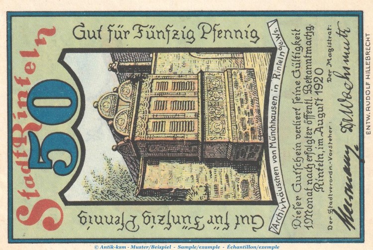 Notgeld Stadt Rinteln 1125.1.c , 50 Pfennig --Gut für-- in kfr. von 1920 , Niedersachsen Seriennotgeld