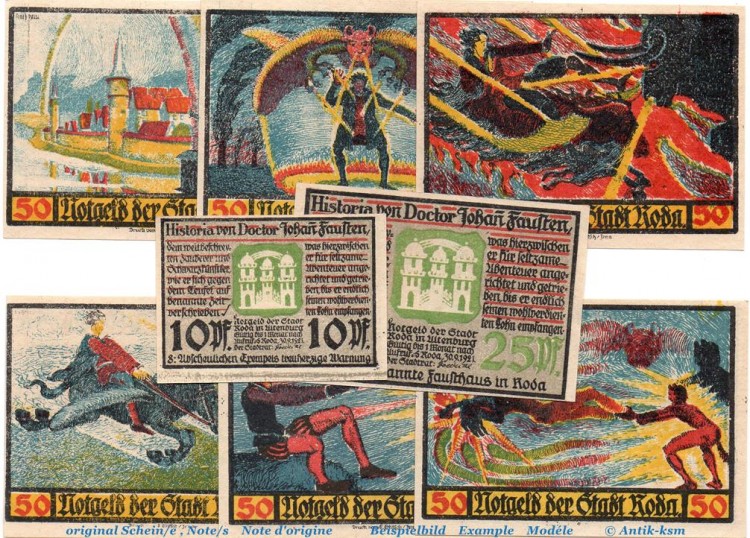 Notgeld Stadt Roda , Faust , 1127.1 Set mit 8 Scheinen in kfr. von 1921 , Thüringen Seriennotgeld