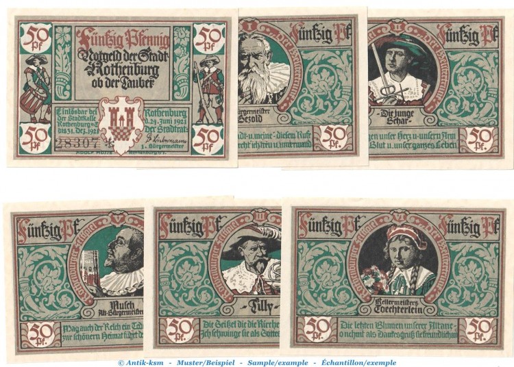 Notgeld Stadt Rothenburg o.T. 1142.2.a , Set mit 6 Scheinen in kfr. von 1921 , Bayern Seriennotgeld