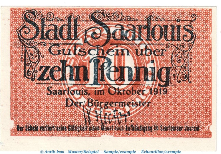 Notgeld Stadt Saarlouis , 10 Pfennig Schein in kfr. Tieste 6350.05.40 von 1919 , Rheinland Verkehrsausgabe