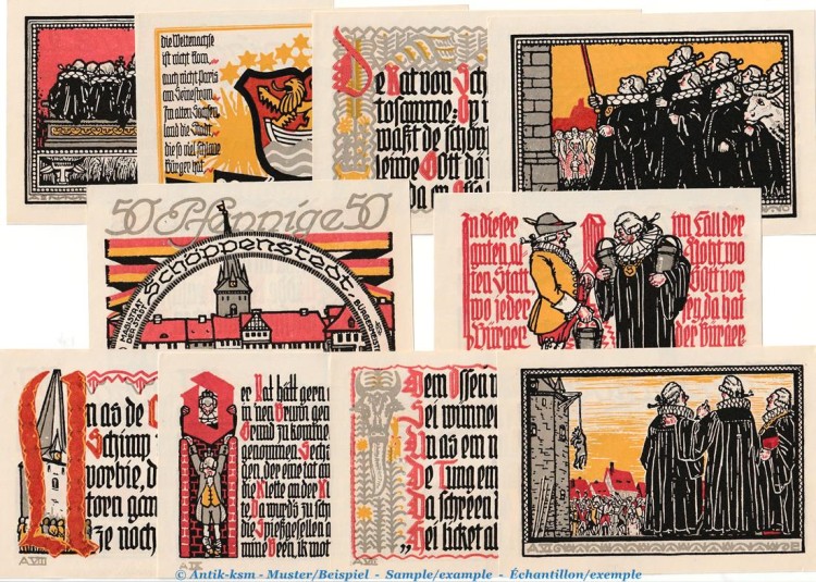 Notgeld Stadt Schöppenstedt 1199.1 , Set mit 10 Scheinen in kfr. o.D. Niedersachsen Seriennotgeld