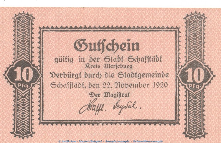 Notgeld Stadt Schafstädt , 10 Pfennig Schein in kfr. Tieste 6450.05.20 von 1920 , Sachsen Verkehrsausgabe