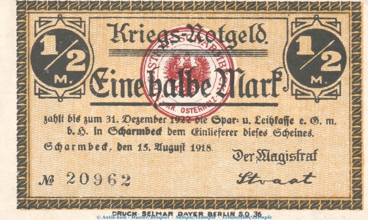 Notgeld Stadt Scharmbeck , 1 halbe Mark Schein in kfr. Tieste 6465.05.02 von 1918 , Niedersachsen Verkehrsausgabe