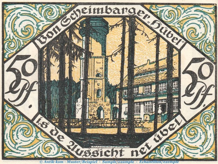 Notgeld Stadt Scheibenberg 1175.1.b , 50 Pfennig Nr.1 --Ohne Kennummer-- in kfr. von 1921 , Sachsen Seriennotgeld