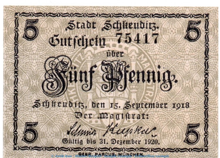 Notgeld Stadt Schkeuditz 6525.05.05 , 5 Pfennig Schein in kfr. von 1918 , Sachsen Verkehrsausgabe