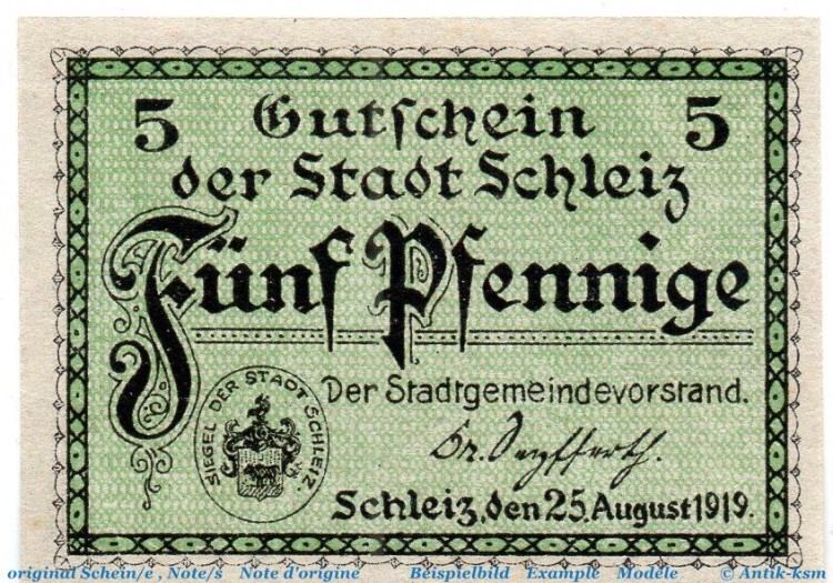 Notgeld Stadt Schleiz 6550.05.10 , 5 Pfennig Bergkirche in kfr. von 1919 , Reuss j. Linie Verkehrsausgabe