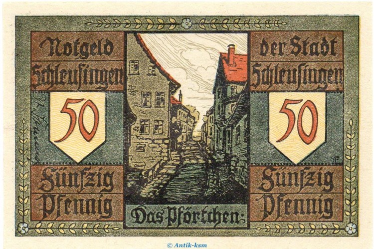 Notgeld Stadt Schleusingen 1181.3.a-b  , 50 Pfennig Nr 1 gelblich und dick in kfr. von 1921 Thüringen Seriennotgeld
