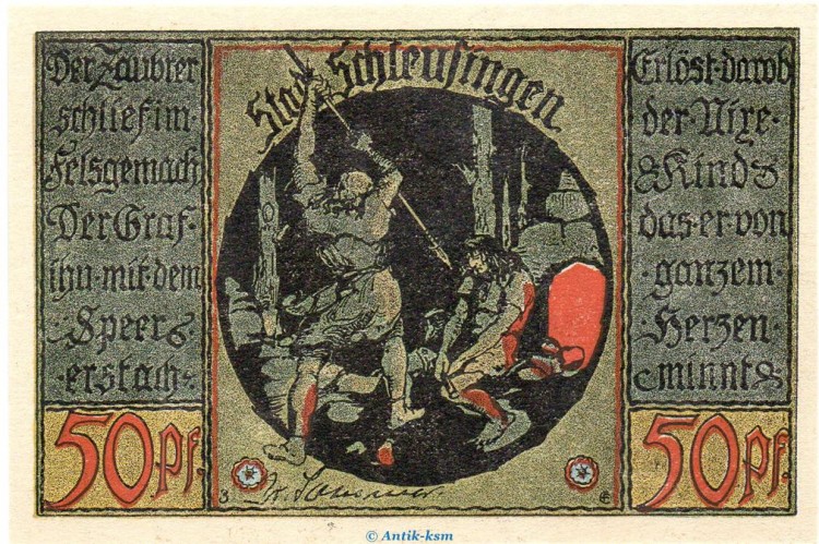 Notgeld Stadt Schleusingen 1181.3.a-b  , 50 Pfennig Nr 1 gelblich und dick in kfr. von 1921 Thüringen Seriennotgeld