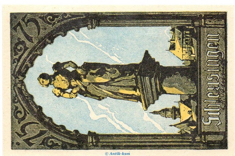 Notgeld Stadt Schleusingen 1181.4.a-b  , 75 Pfennig Schein gelblich und dick in kfr. o.D. Thüringen Seriennotgeld