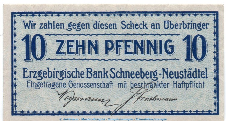 Notgeld Stadt Schneeberg 6605.05.02 , 10 Pfennig Schein in kfr. o.D. Sachsen Verkehrsausgabe