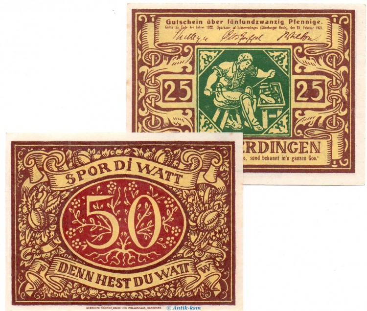 Notgeld Stadt Schneverdingen 1193.1 , Set mit 2 Scheinen in kfr. von 1921 , Niedersachsen Seriennotgeld