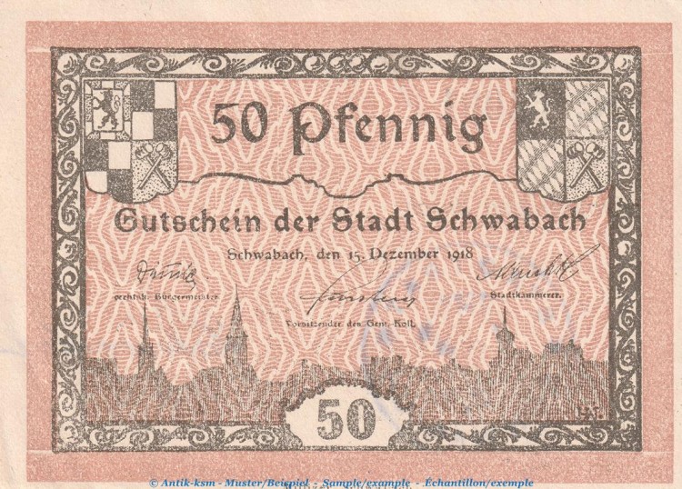 Notgeld Stadt Schwabach , 50 Pfennig Schein in kfr. Tieste 6715.10.15 von 1918 , Bayern Verkehrsausgabe