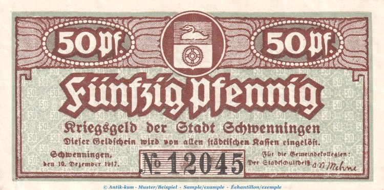 Notgeld Stadt Schwenningen , 50 Pfennig Schein in gbr. Tieste 6785.05.01 von 1917 , Württemberg Verkehrsausgabe