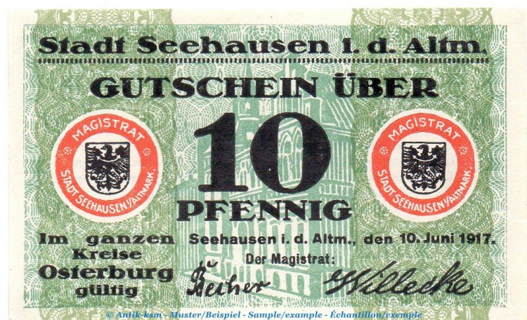 Notgeld Stadt Seehausen 6820.05.15 , 10 Pfennig Schein in kfr. von 1917 , Sachsen VerkehrsausgabeNotgeld Stadt Seehausen 6820.05.15 , 10 Pfennig Schein in kfr. von 1917 , Sachsen Verkehrsausgabe