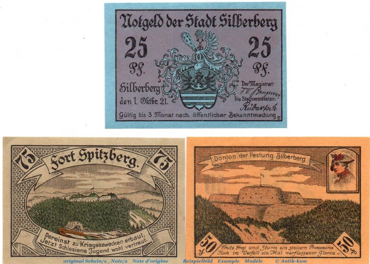 Notgeld Stadt Silberberg 1228.2 , Set mit 3 Scheinen in kfr. von 1921 , Schlesien Seriennotgeld