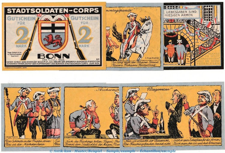 Notgeld Stadtsoldaten Corps Bonn 141.1 , Set mit 6 Scheinen in kfr. von 1922 , Westfalen Seriennotgeld
