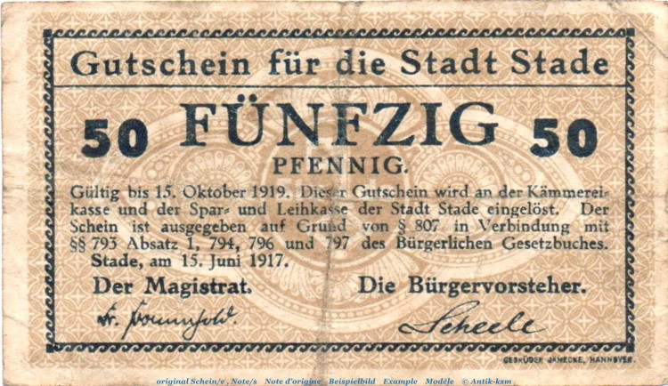 Notgeld Stadt Stade 7040.05.03 , 50 Pfennig Schein in gbr. von 1917 , Niedersachsen Verkehrsausgabe