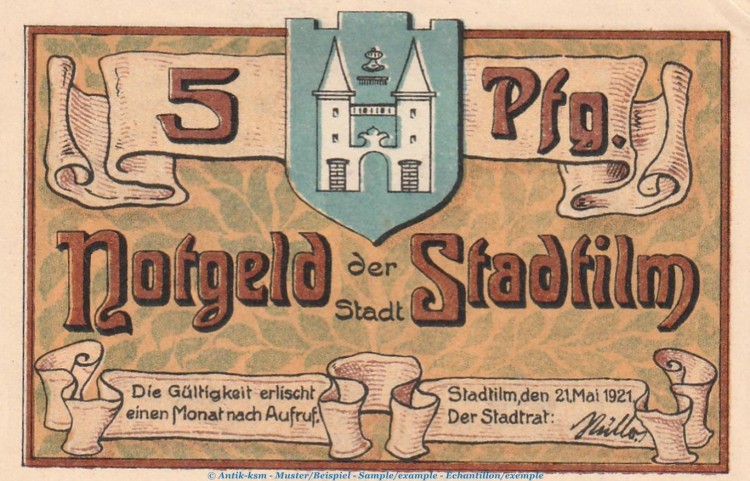 Notgeld Stadt Stadtilm 1250.1 , 5 Pfennig Schein in kfr. von 1921 , Thüringen Seriennotgeld