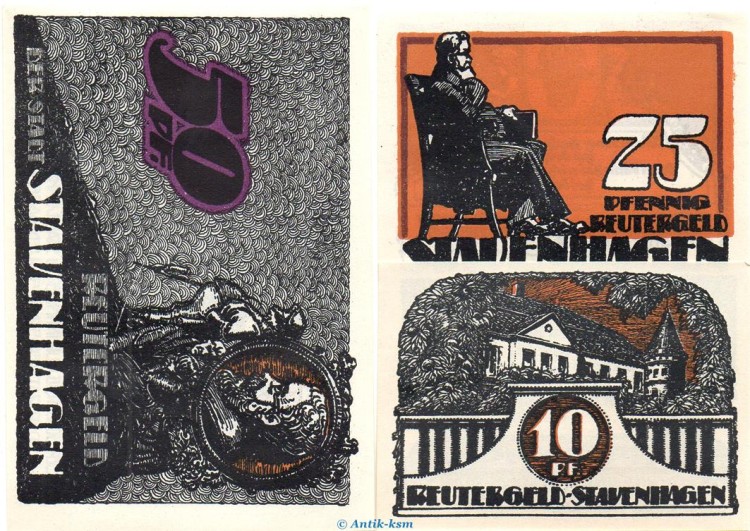 Notgeld Stadt Stavenhagen 1257.2 , Reutergeld Set mit 3 Scheinen in kfr. o.D. Mecklemburg Vorpommern Seriennotgeld
