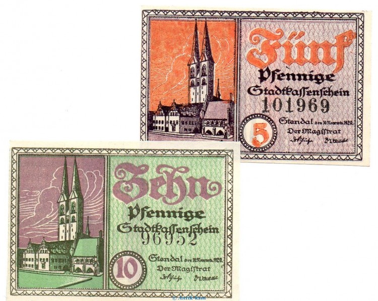 Notgeld Stadt Stendal , Set mit 2 Scheinen in kfr. Tieste 7130.25.15-16 von 1920 , Sachsen Anhalt Verkehrsausgabe