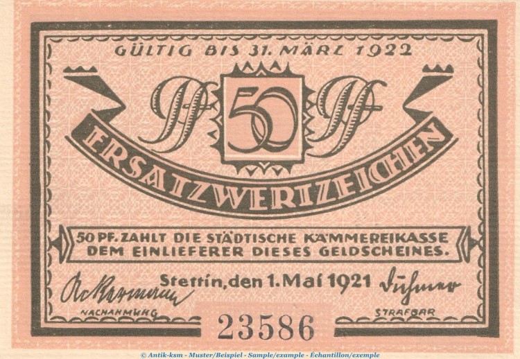 Notgeld Stadt Stettin 1270.1 , 50 Pfennig Schein Nr.2 in kfr. von 1921 , Pommern Seriennotgeld