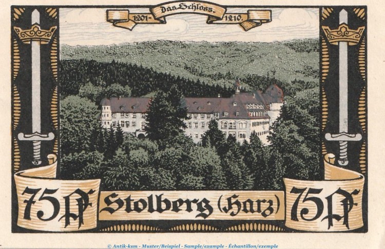 Notgeld Stadt Stolberg 1273.2 , 75 Pfennig Schloss -rotbraun- in kfr. o.D. Sachsen Anhalt Seriennotgeld