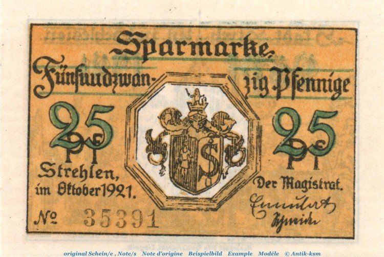 Notgeld Stadt Strehlen 1282.1.b, 25 Pfennig , Linien durchgehend in kfr. von 1921 , Schlesien Seriennotgeld